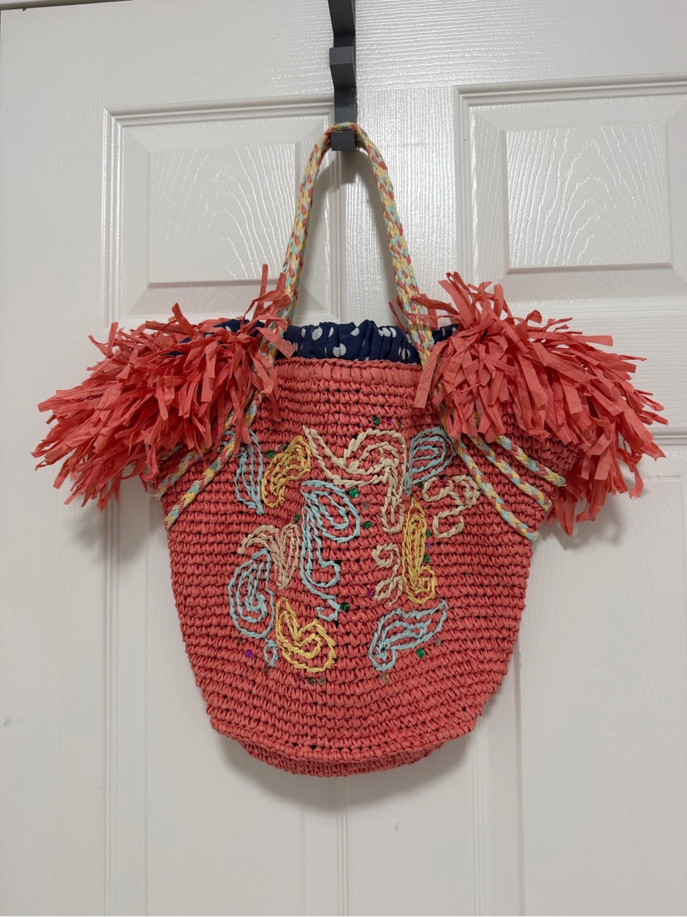 Coral Raffia Tote Bag with Multicolor Embroidery